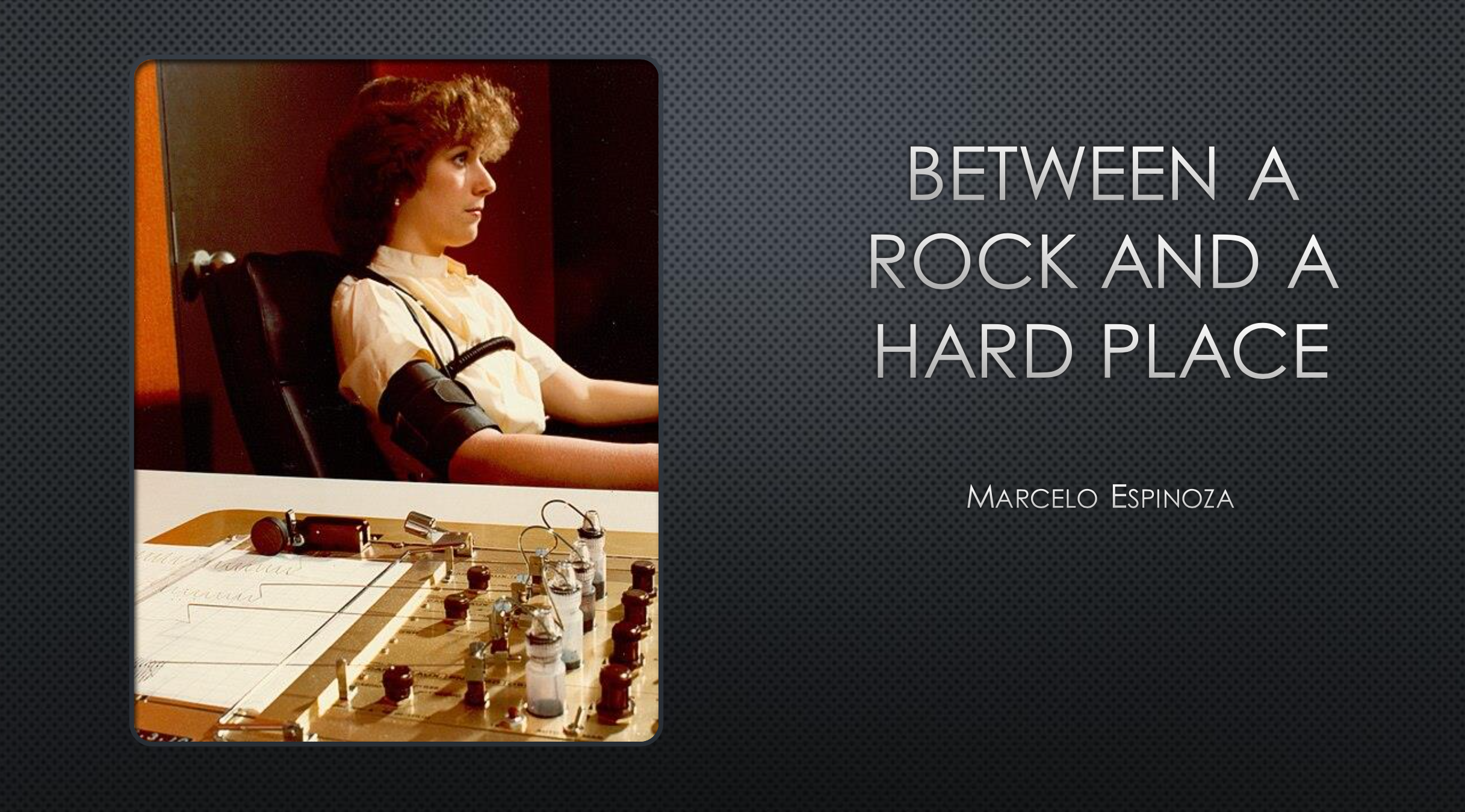 Presentation title and vintage image of woman with polygraph test