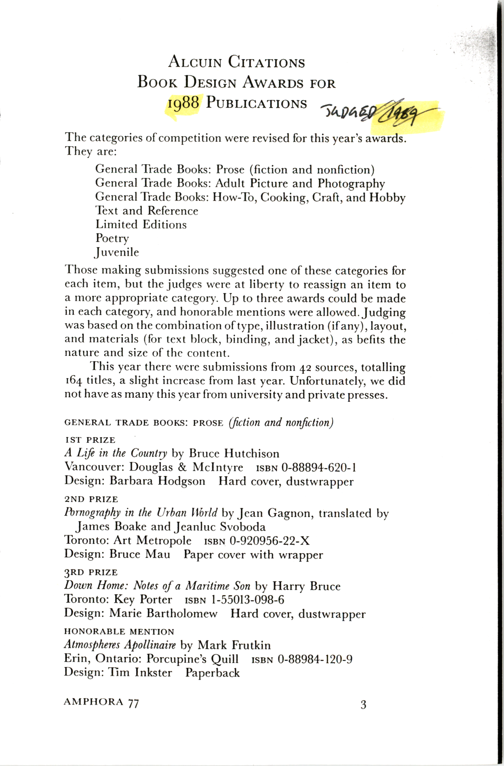 Cover page for 1988 Alcuin Award Winner Catalogue