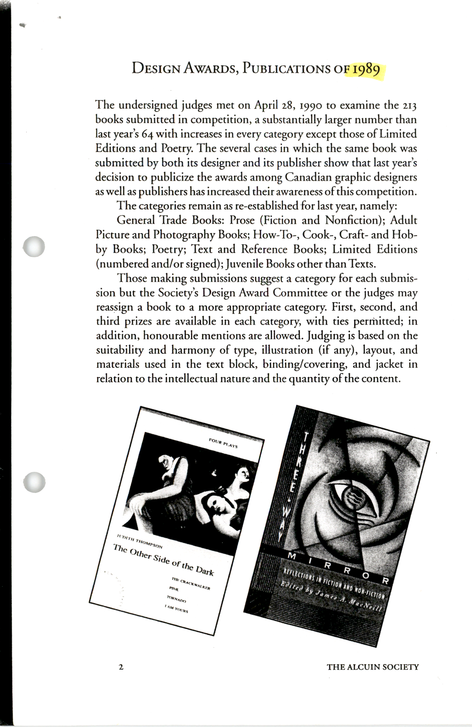 Cover page for 1989 Alcuin Award Winner Catalogue