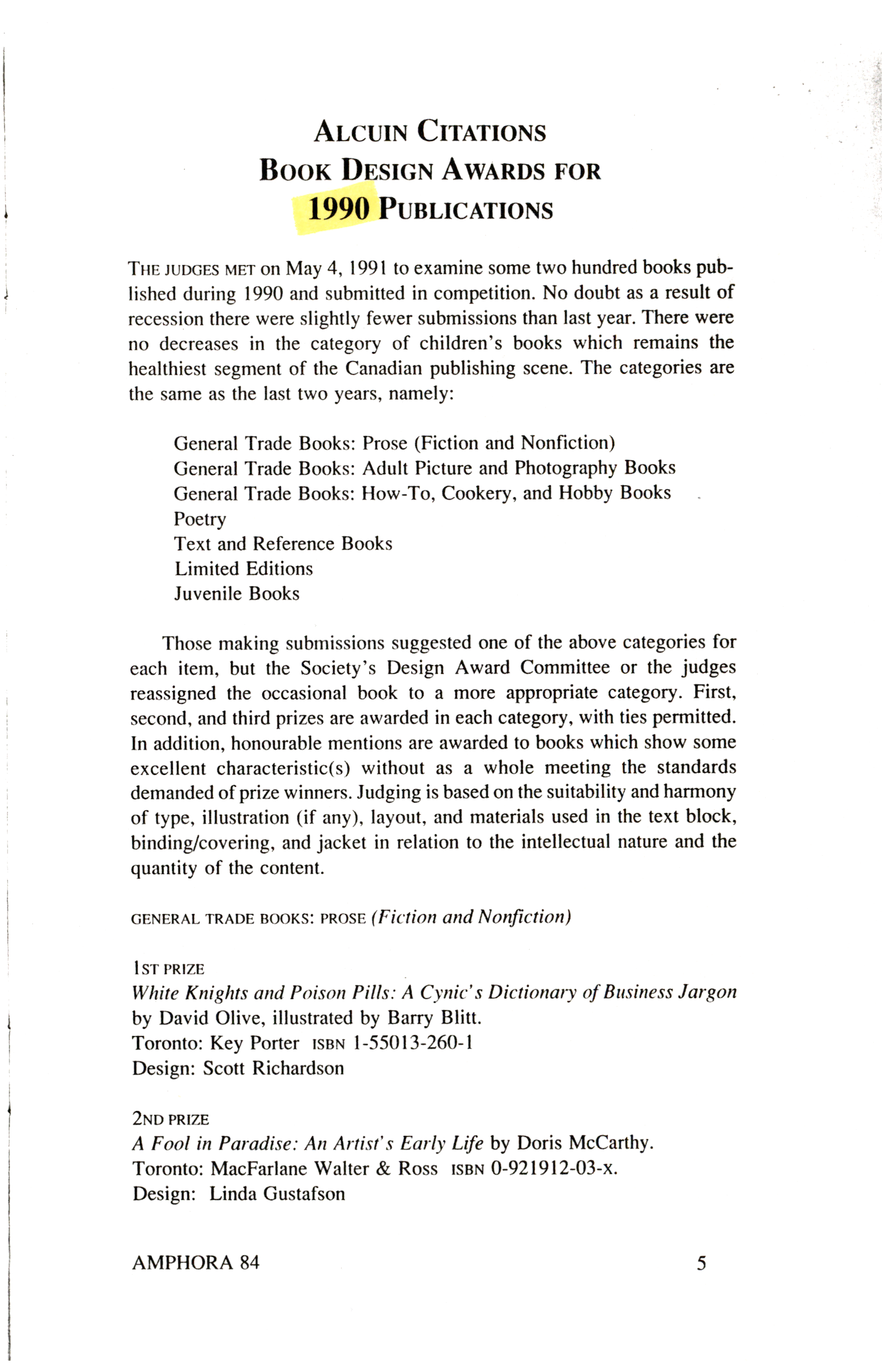 Cover page for 1990 Alcuin Award Winner Catalogue